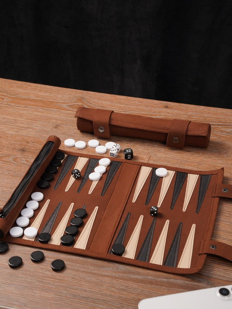 Handcrafted Full-Grain Leather Travel Backgammon Set – Personalized Heritage Roll-Up Board Game