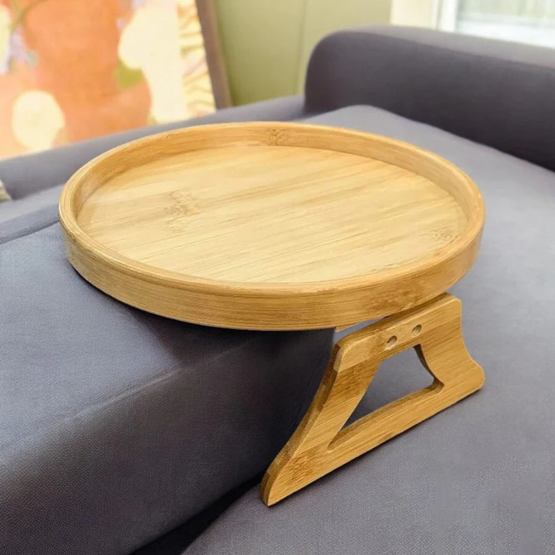 Wooden Sofa Arm Tray – Portable Coffee Table with Cup Holder