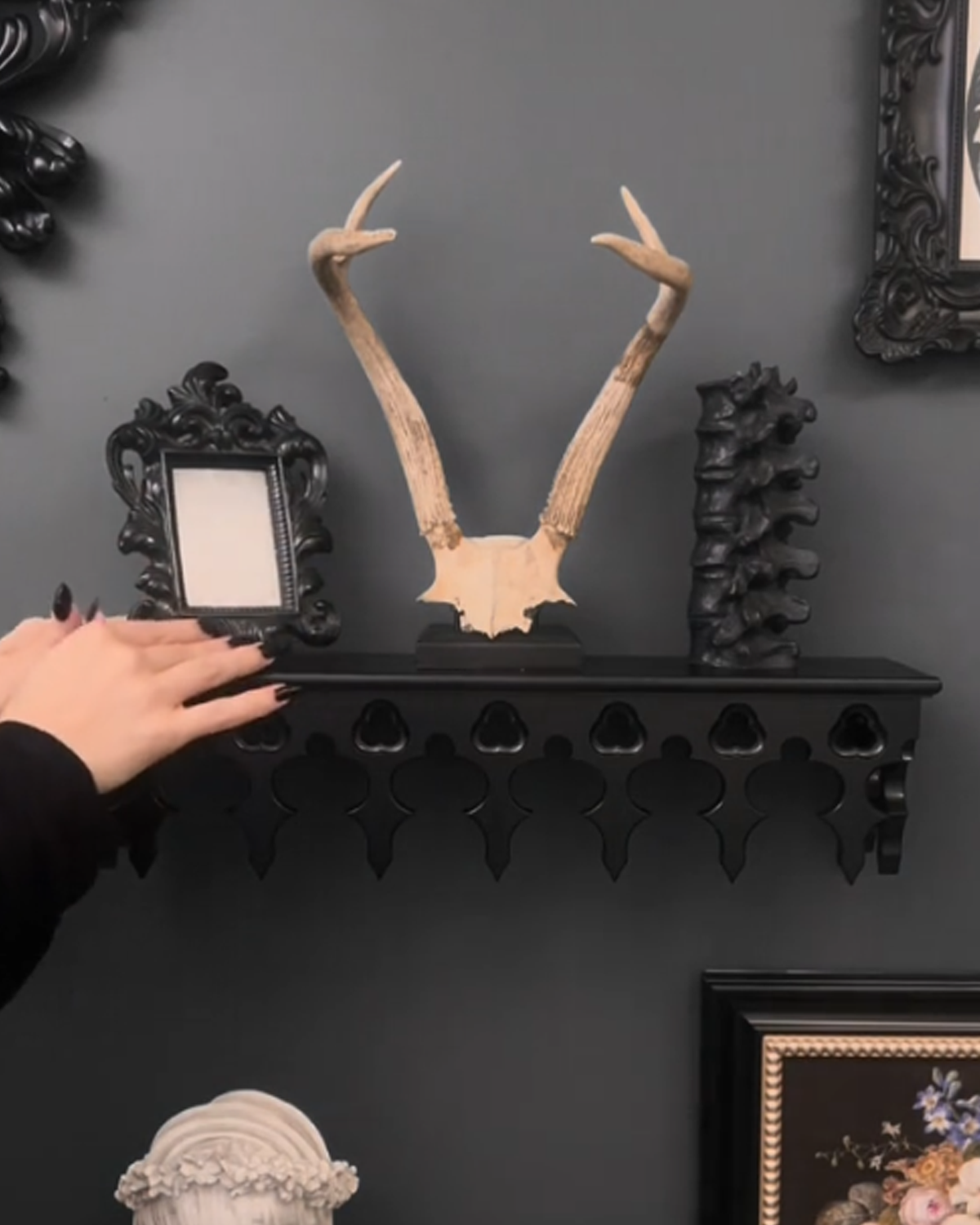 The Gothic Revival fireplace mantel is made of hardwood (beech)