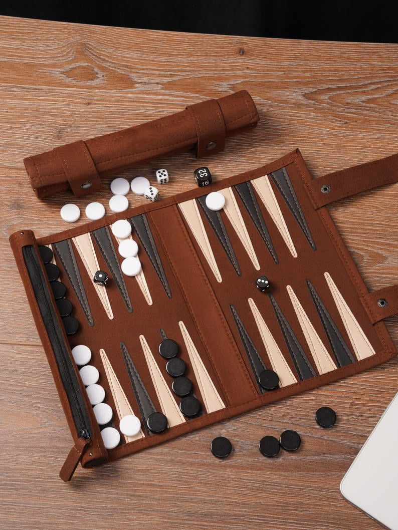 Handcrafted Full-Grain Leather Travel Backgammon Set – Personalized Heritage Roll-Up Board Game