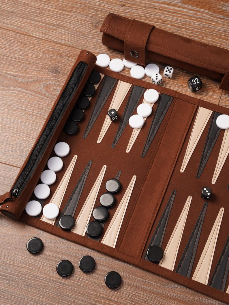 Handcrafted Full-Grain Leather Travel Backgammon Set – Personalized Heritage Roll-Up Board Game