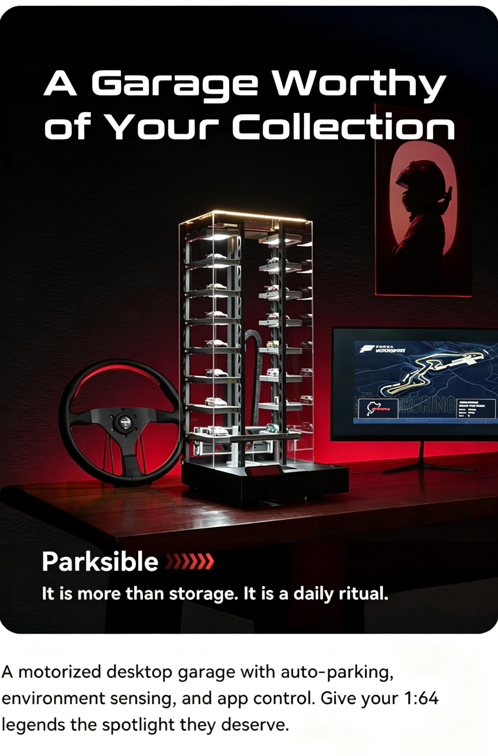 Smart Display Garage for 1:64 Scale Models – App-Controlled, 14 Slots, PRO Recognition Available