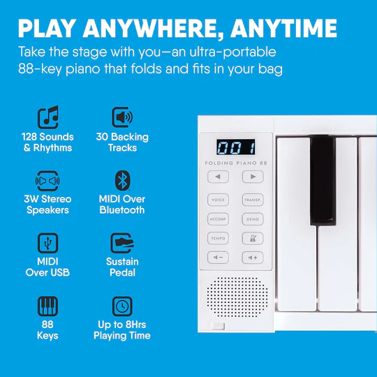 Carry-On Portable Folding Digital Piano – 88 Keys with Rechargeable Battery
