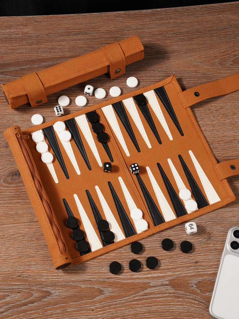 Handcrafted Full-Grain Leather Travel Backgammon Set – Personalized Heritage Roll-Up Board Game