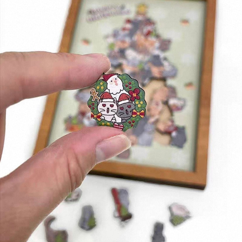 Cat Christmas Tree Framed Wooden Jigsaw Puzzle – Holiday Decor Wall Art with Acrylic Cover