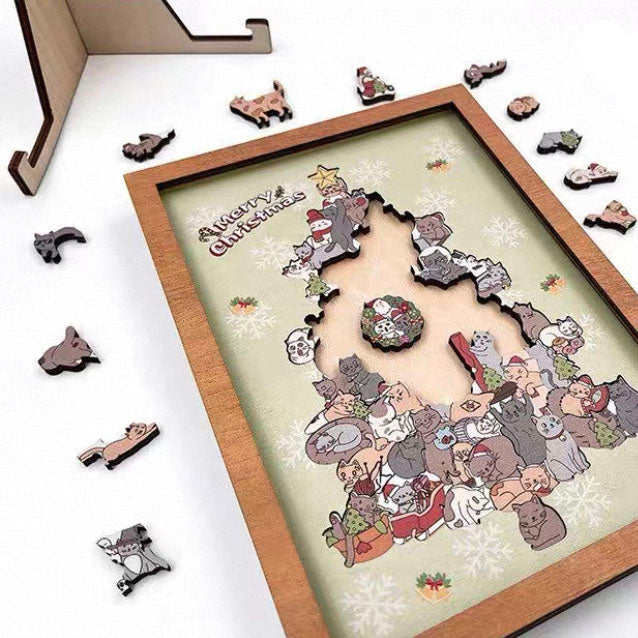 Cat Christmas Tree Framed Wooden Jigsaw Puzzle – Holiday Decor Wall Art with Acrylic Cover