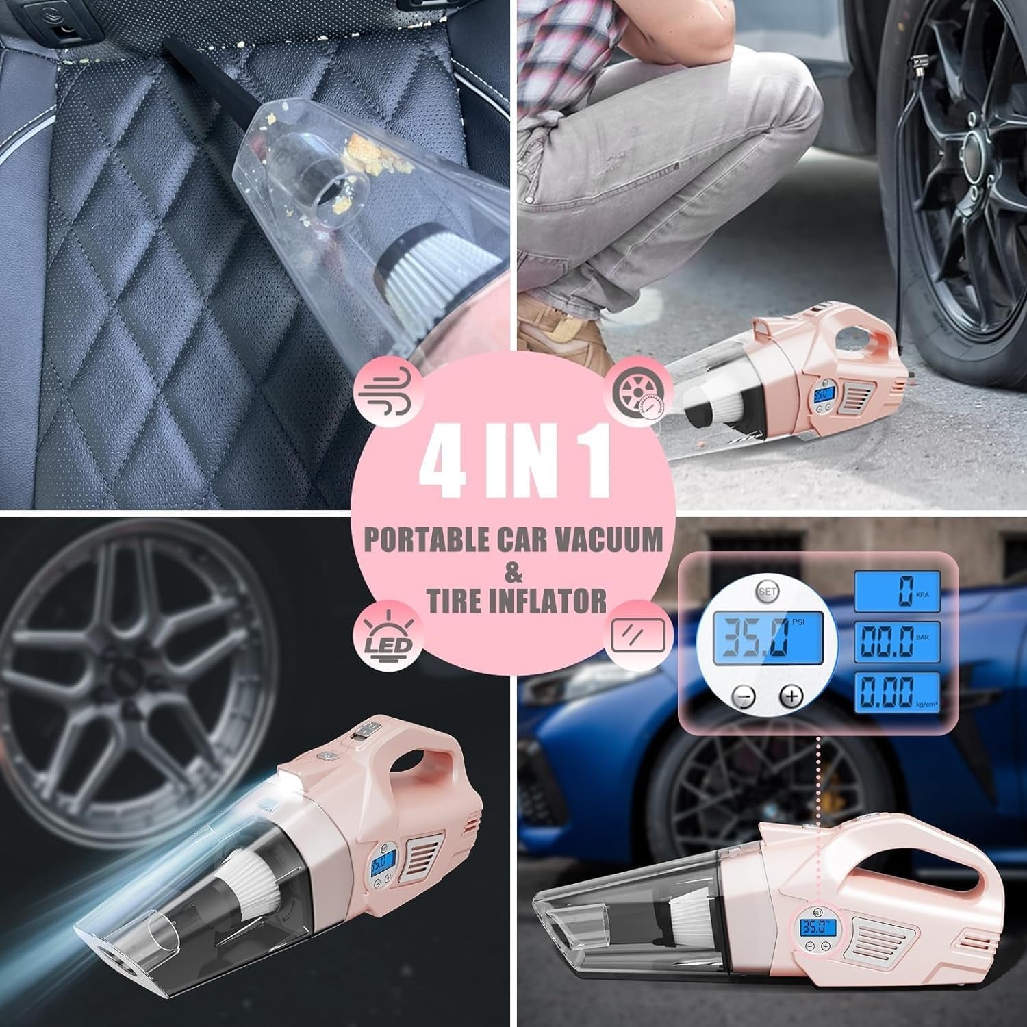4-in-1 Pink Car Vacuum & Tire Inflator – 8KPa Suction, 150PSI Air Pump