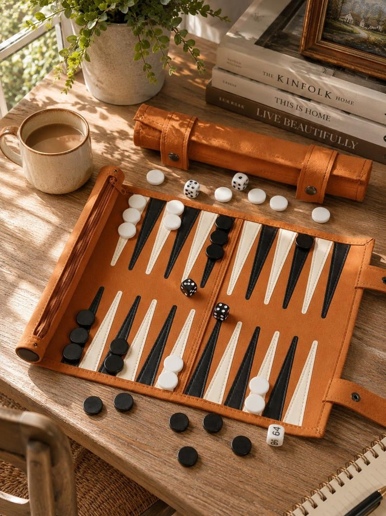 Handcrafted Full-Grain Leather Travel Backgammon Set – Personalized Heritage Roll-Up Board Game