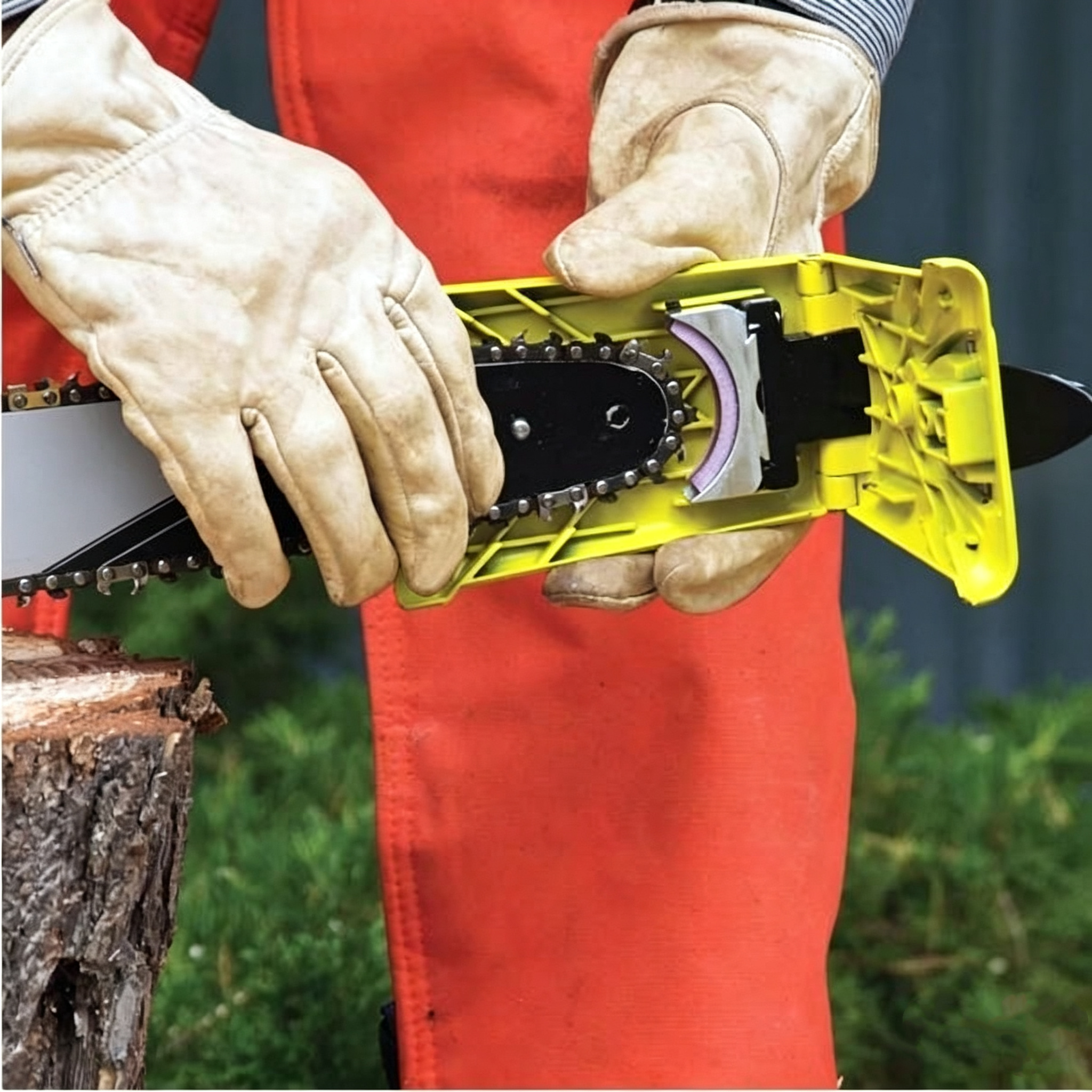 Rapid-Hone Chainsaw Bar-Mounted Sharpening Attachment with 5-Second Fast-Clamp Structural Housing