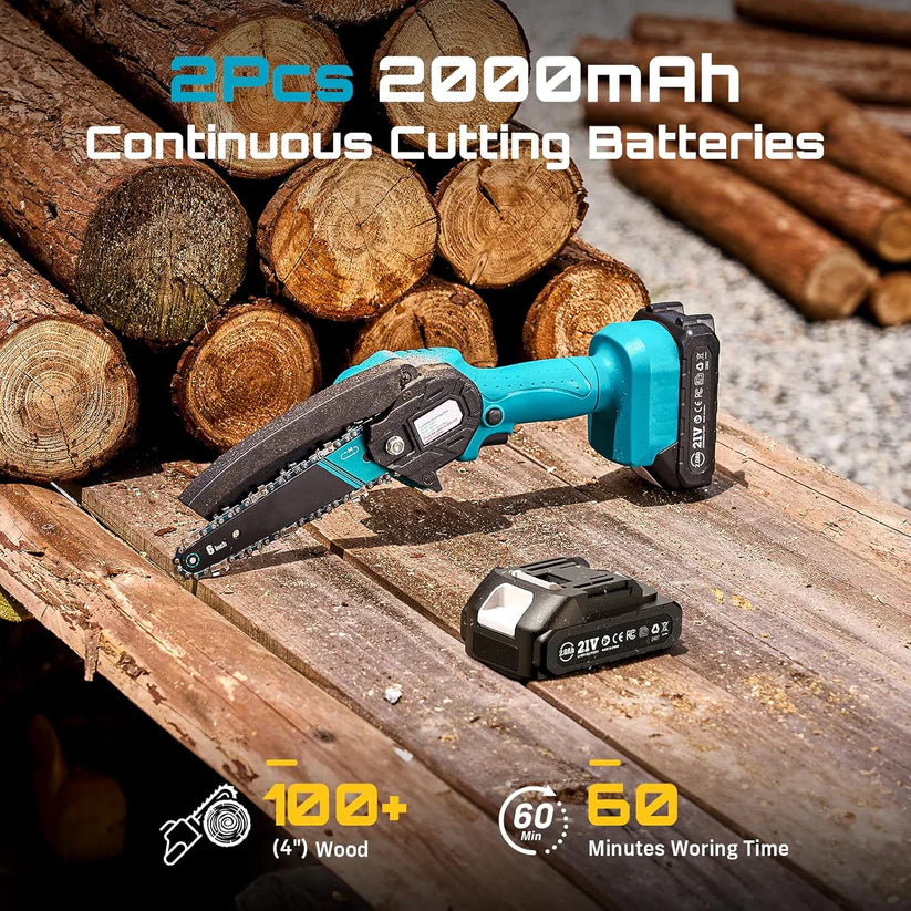 Mini Chainsaw – 6-Inch Cordless Handheld Electric Saw with 2 Batteries