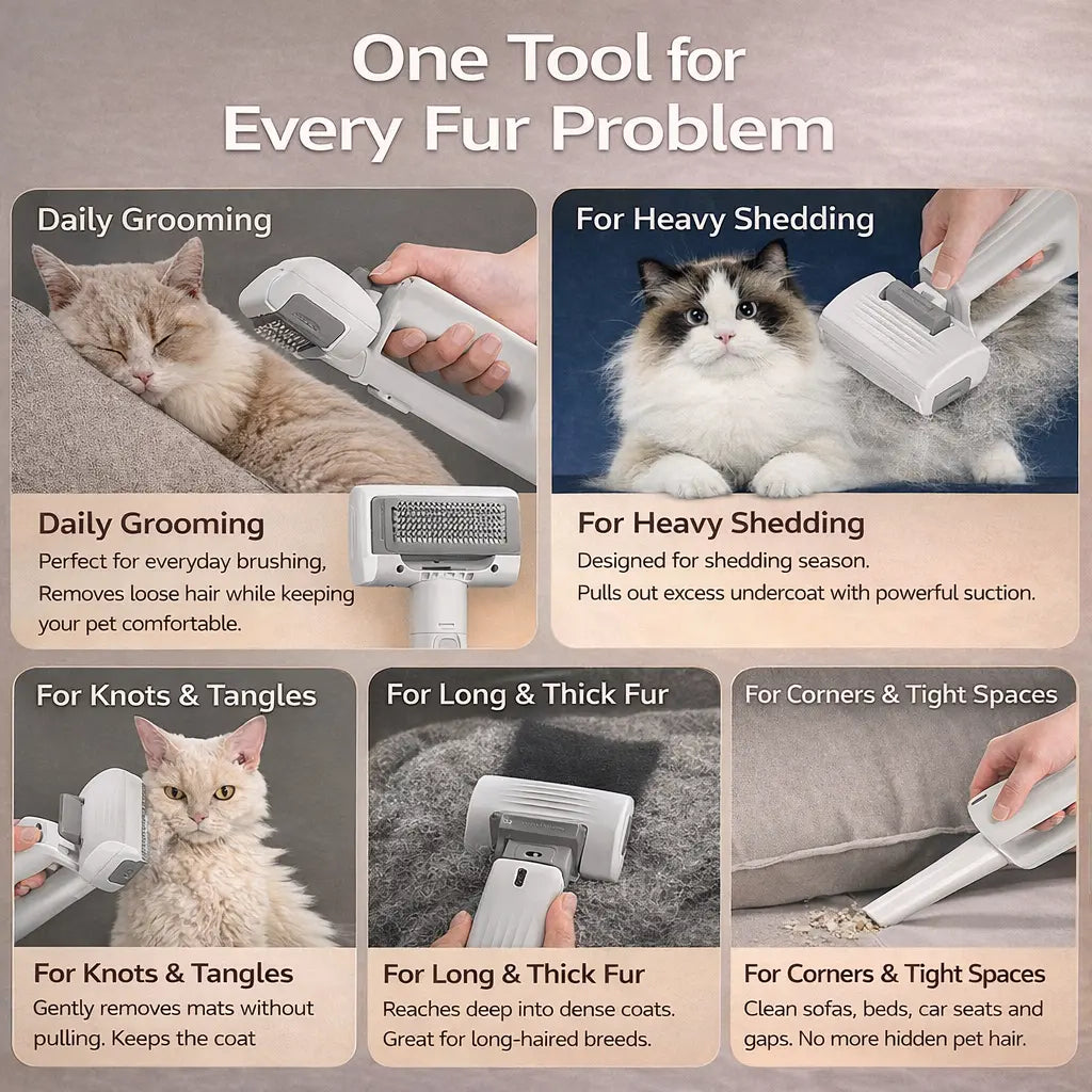 Wireless Pet Grooming Vacuum Brush – 3 Adjustable Combs with Ultra-Quiet Suction