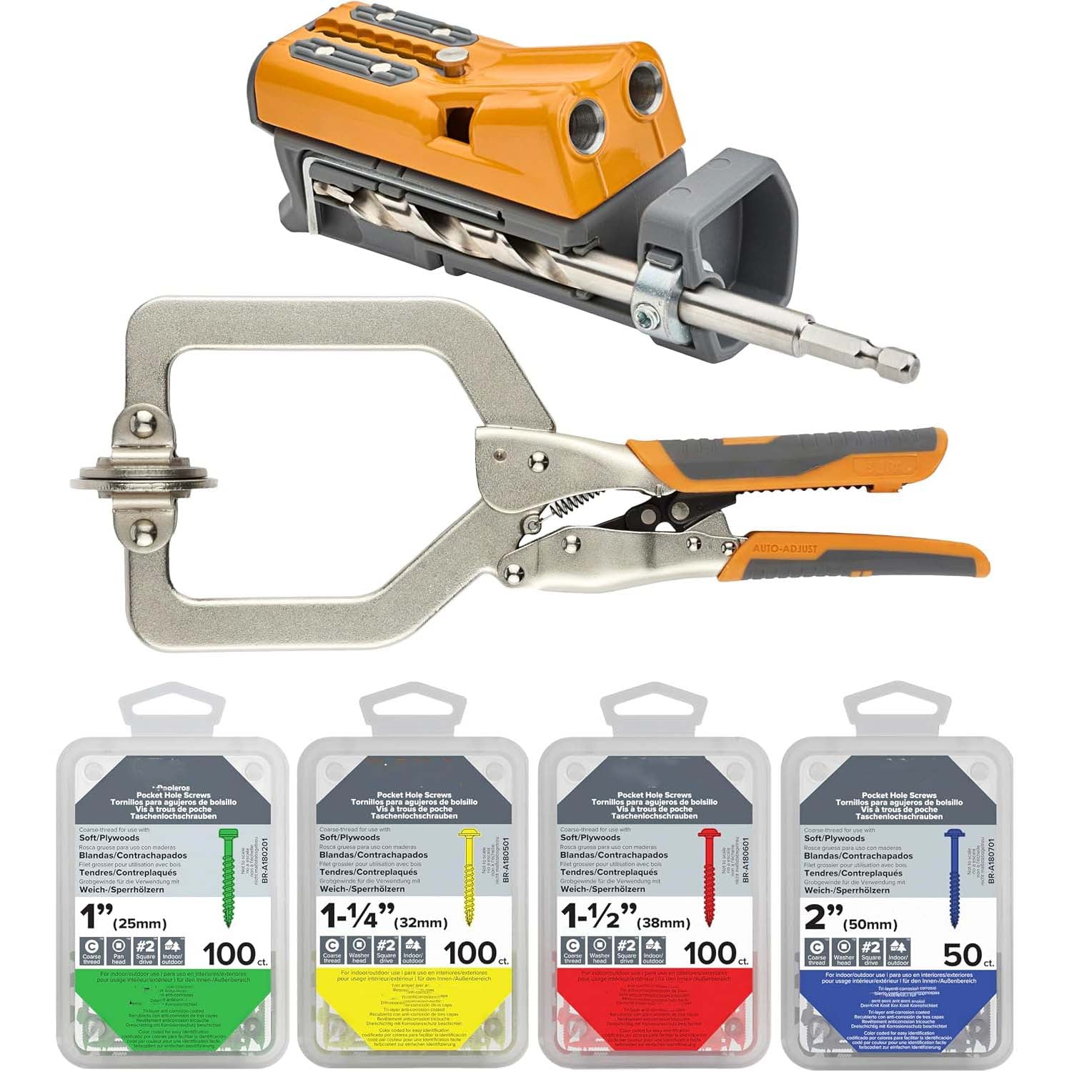 Compact Pocket Hole Jig with 3 inch Face Clamp & 50pc Screw Set – Auto Adjust Drill Guide