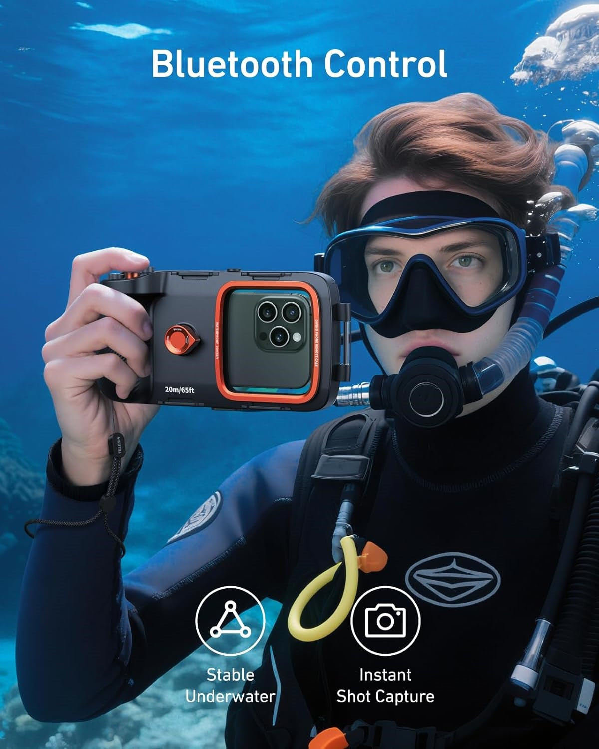 Universal Underwater Phone Case – IP68 to 20m, Bluetooth Shutter Control, Fits 5.4–6.9″ Phones