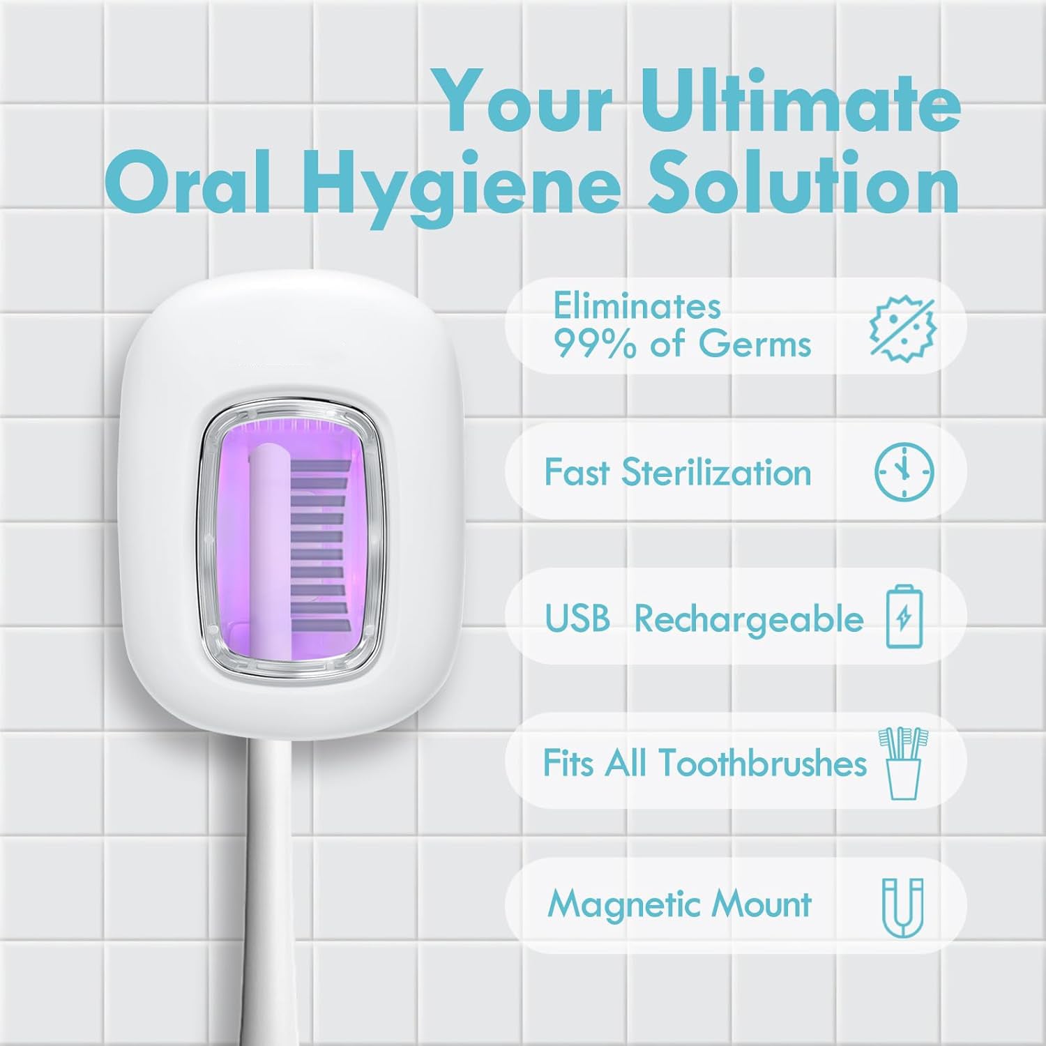 UV-C Toothbrush Sanitizer Cap - Rechargeable Travel Cover with Magnetic Wall Mount