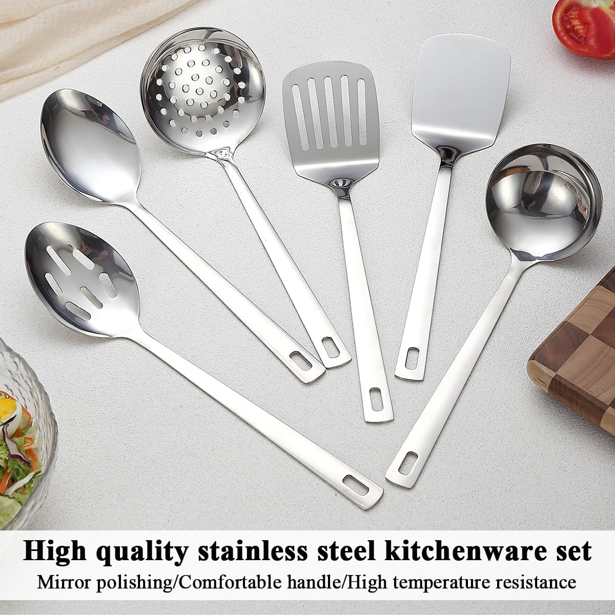 6-Piece Modern Stainless Steel Cooking Utensils Set, Heavy Duty Kitchen Tools, Spatulas, Slotted Spoon, Ladle, Skimmer, Home Essentials Kitchen Gadgets Accessories