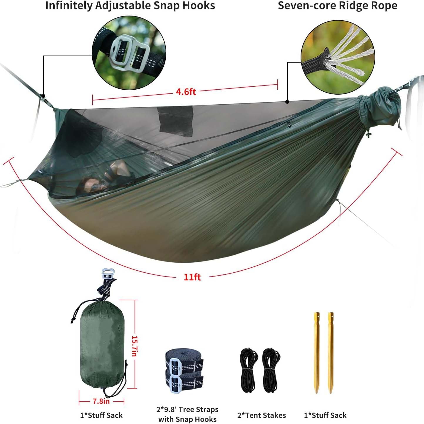 11ft Hammock with Net and Rain Fly Tarp – 4 in 1 Camping Hammock Tent, Ultralight Portable Double