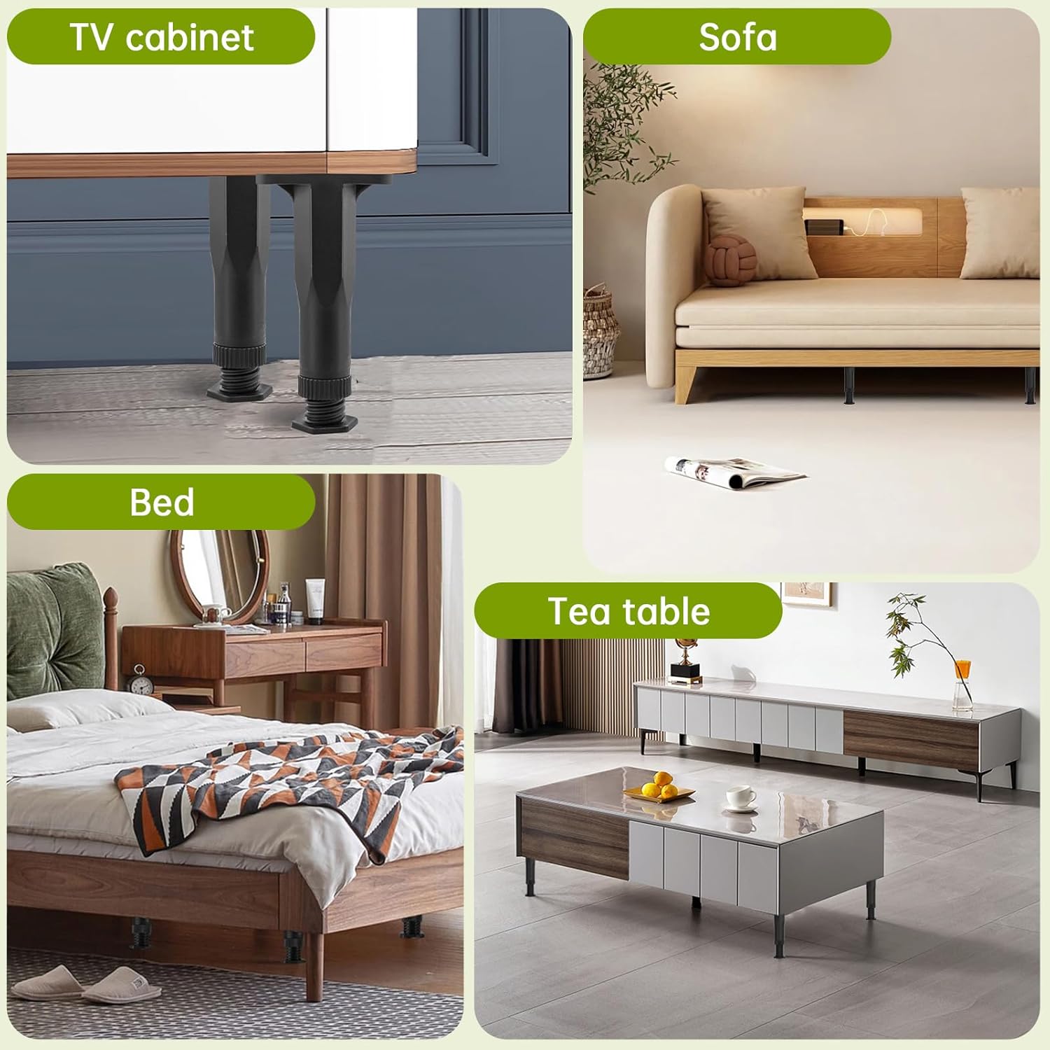 Replacement bed support legs, height adjustable