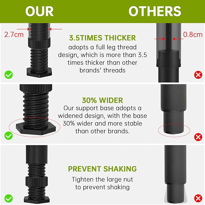 Replacement bed support legs, height adjustable