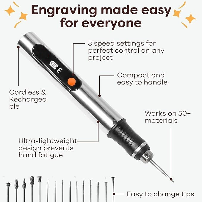 Cordless Engraving Pen – 3 Speeds, 30 Bits, Works on 50+ Surfaces