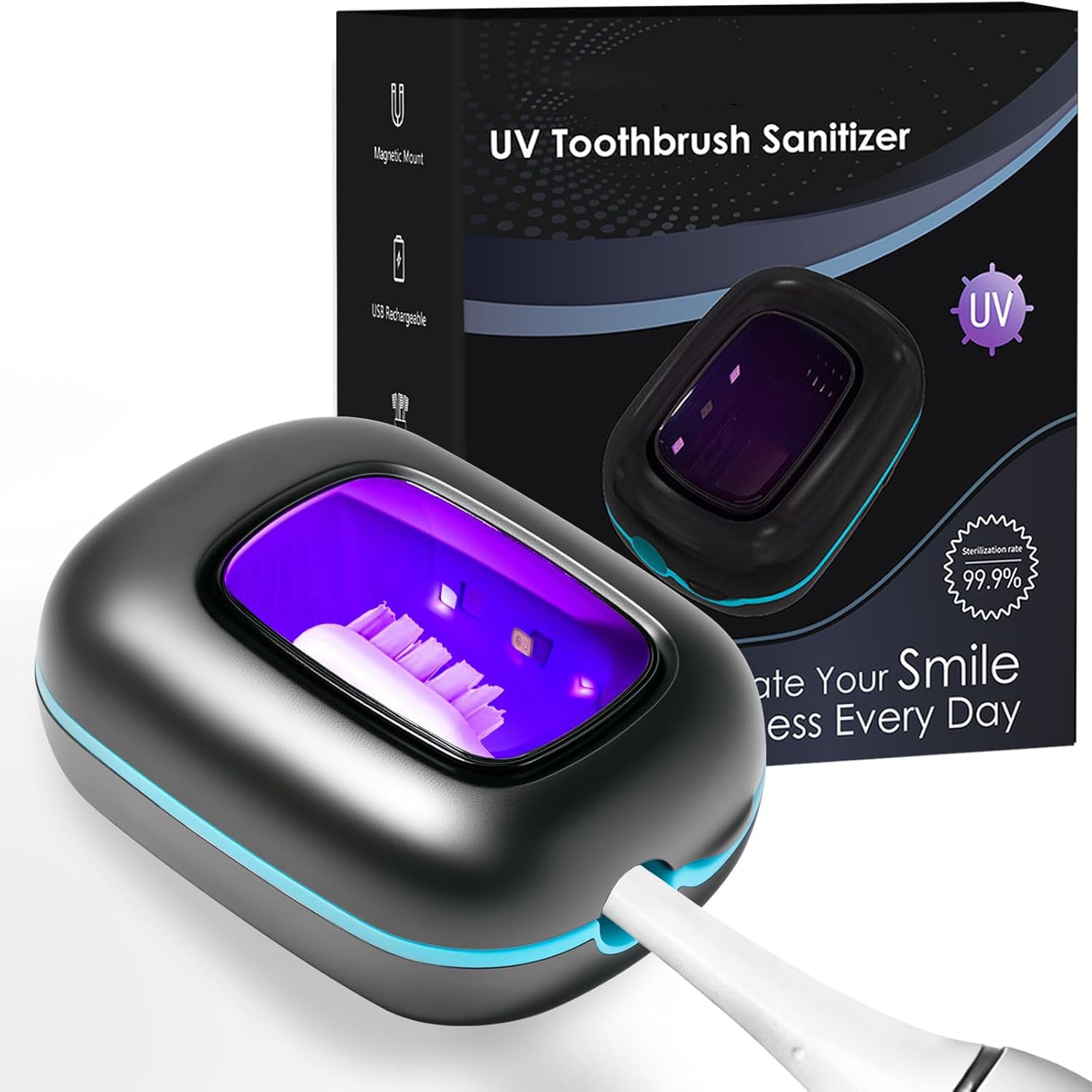 UV-C Toothbrush Sanitizer Cap - Rechargeable Travel Cover with Magnetic Wall Mount