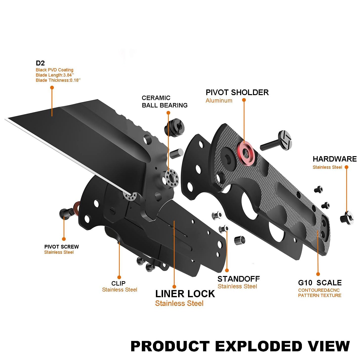 Tactical Folding Pocket Knife with Steel Black PVD Coated Blade