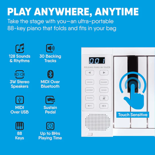 Carry-On Portable Folding Digital Piano – 88 Keys with Rechargeable Battery