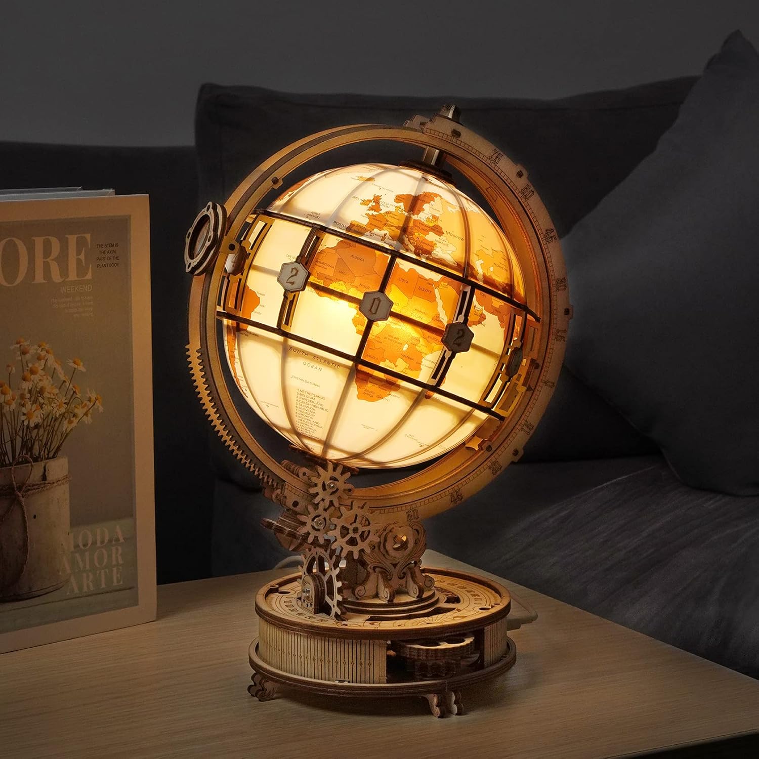 3D Wooden Puzzle – LED Light-Up Globe Model Kit with Stand