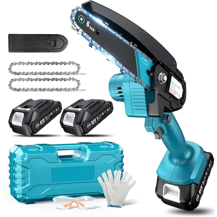 Mini Chainsaw – 6-Inch Cordless Handheld Electric Saw with 2 Batteries