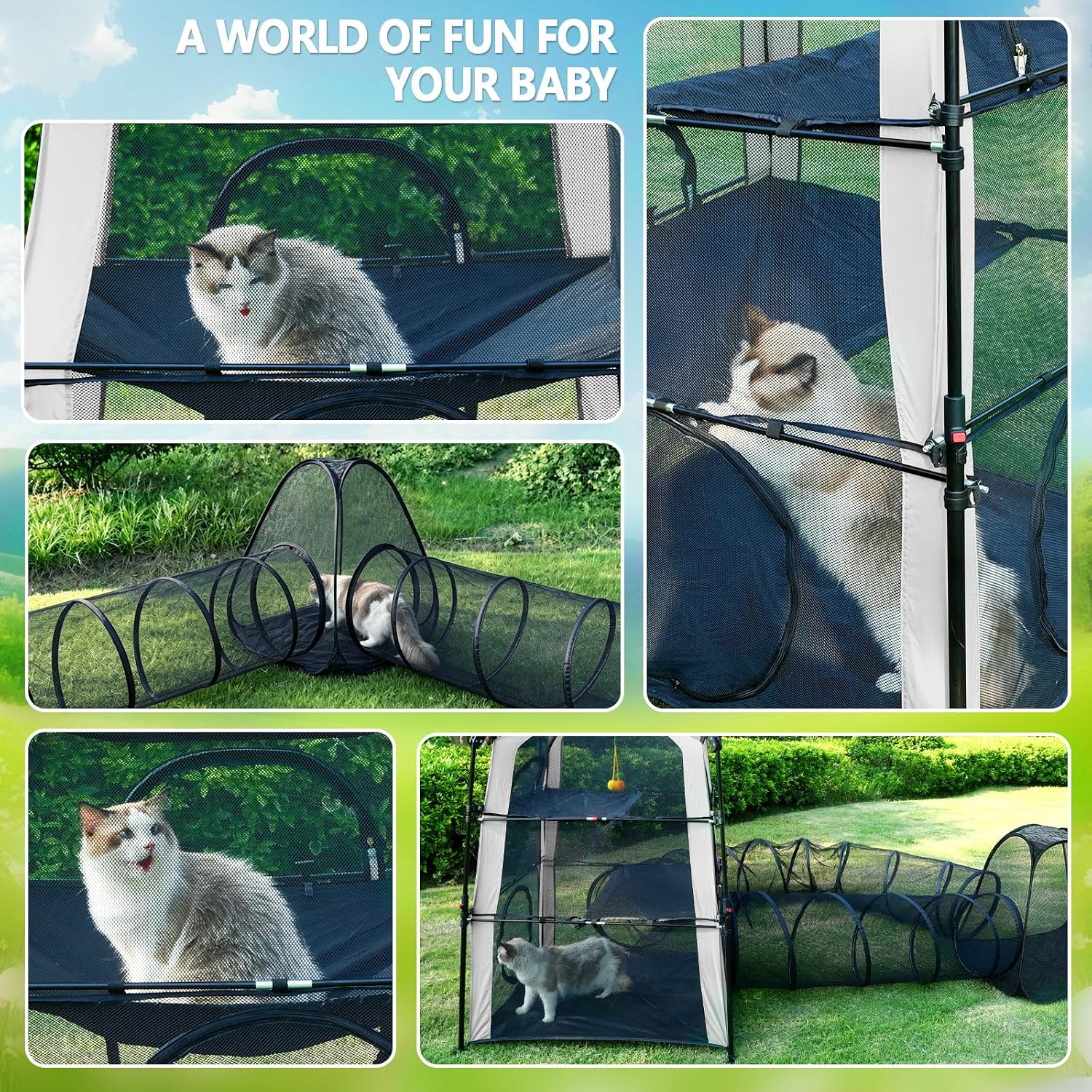 Outdoor Rainbow Cat Enclosure – 5-in-1 Portable Cat Playhouse
