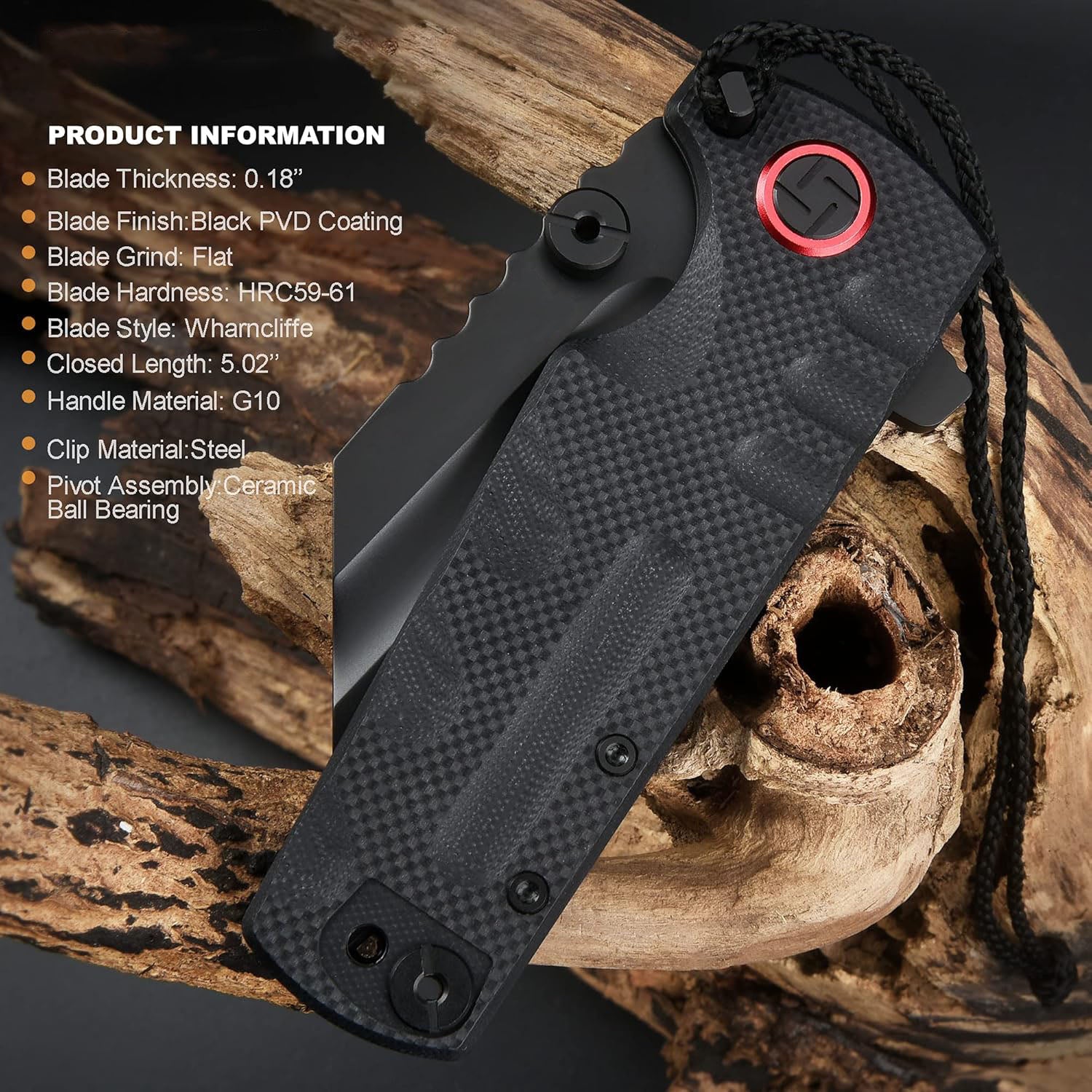 Tactical Folding Pocket Knife with Steel Black PVD Coated Blade