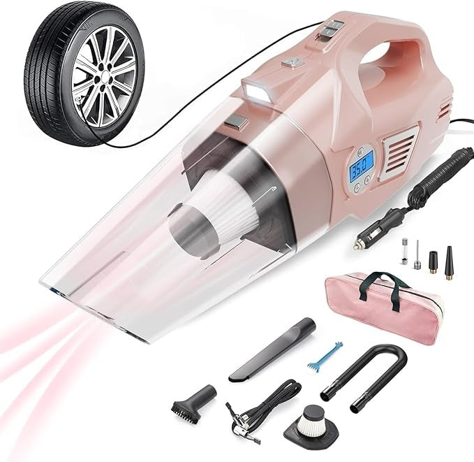 4-in-1 Pink Car Vacuum & Tire Inflator – 8KPa Suction, 150PSI Air Pump