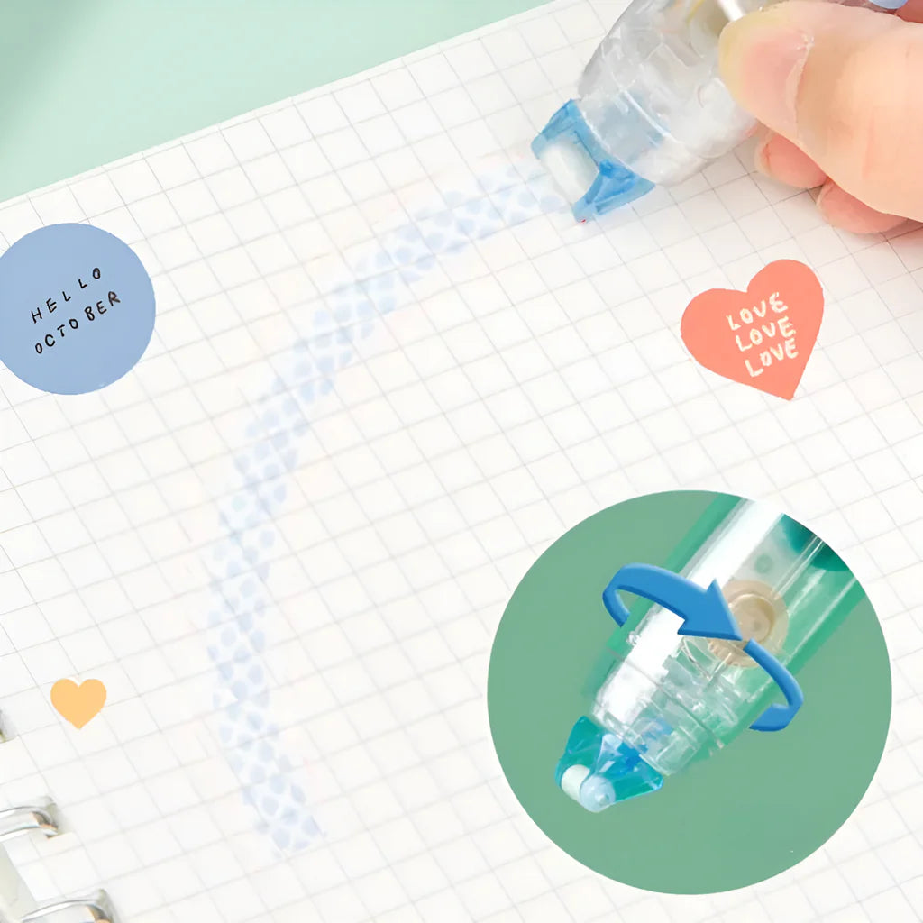 Push-to-use adhesive dots, retractable tape pen