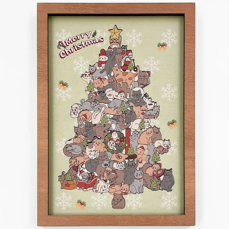 Cat Christmas Tree Framed Wooden Jigsaw Puzzle – Holiday Decor Wall Art with Acrylic Cover