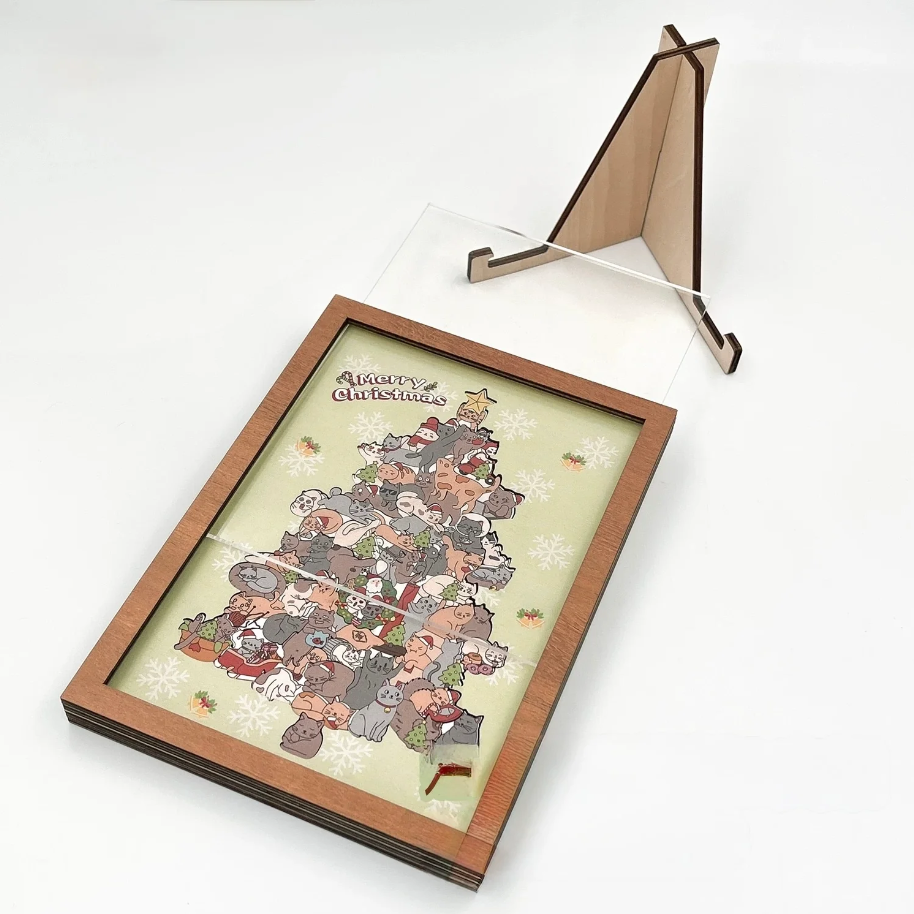Cat Christmas Tree Framed Wooden Jigsaw Puzzle – Holiday Decor Wall Art with Acrylic Cover