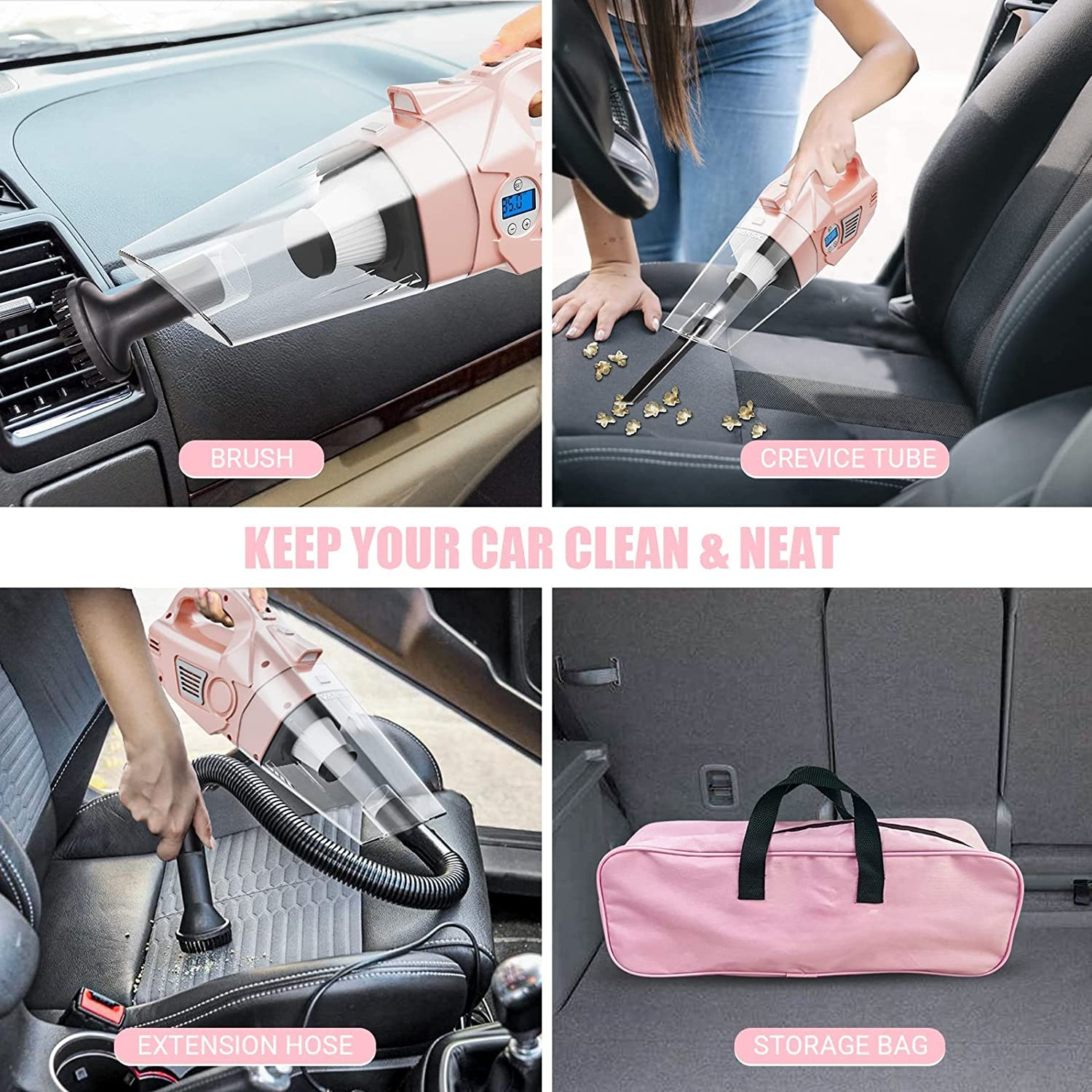 4-in-1 Pink Car Vacuum & Tire Inflator – 8KPa Suction, 150PSI Air Pump