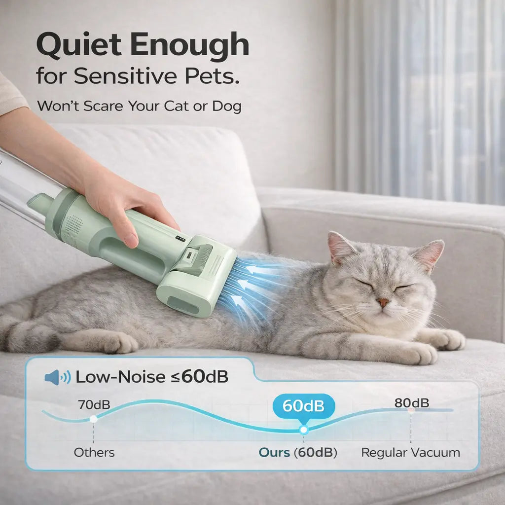 Wireless Pet Grooming Vacuum Brush – 3 Adjustable Combs with Ultra-Quiet Suction