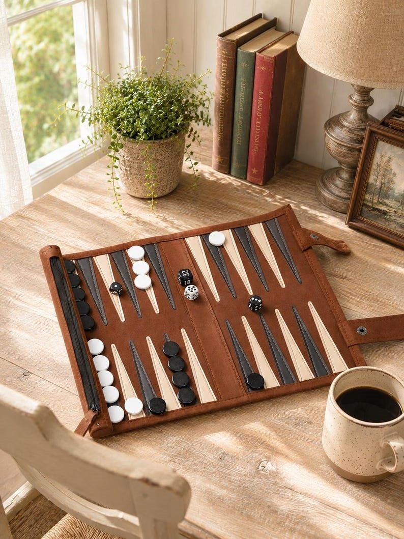 Handcrafted Full-Grain Leather Travel Backgammon Set – Personalized Heritage Roll-Up Board Game