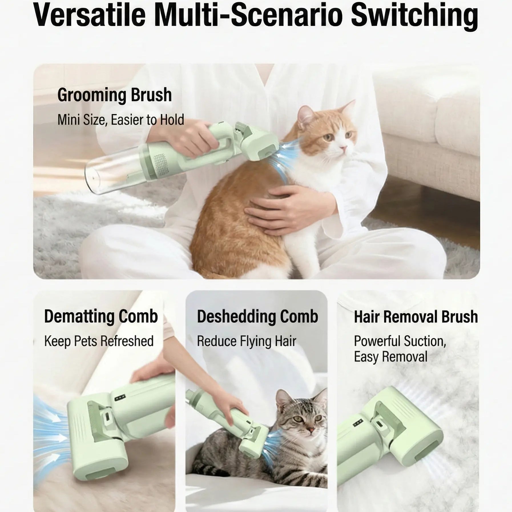 Wireless Pet Grooming Vacuum Brush – 3 Adjustable Combs with Ultra-Quiet Suction