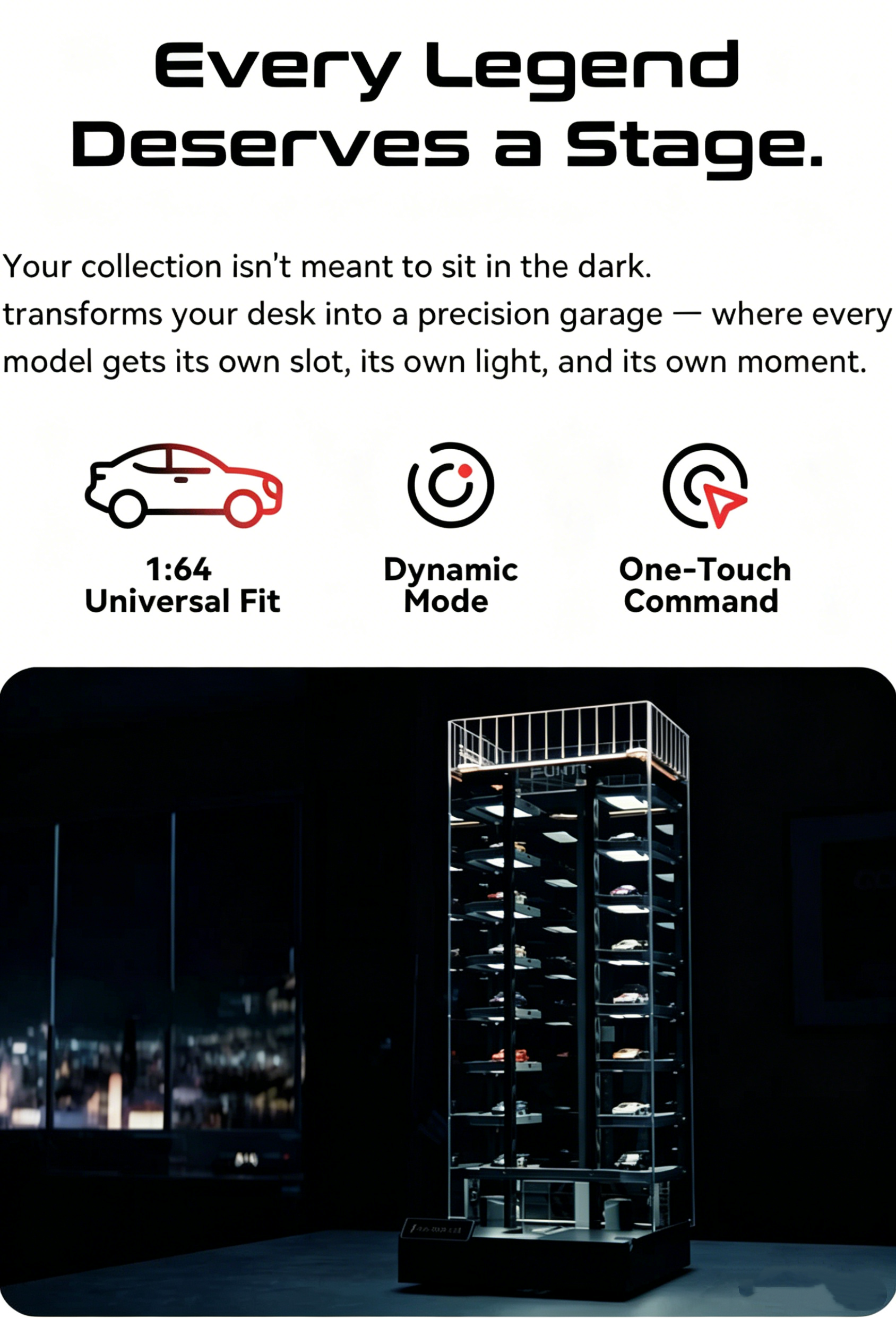Smart Display Garage for 1:64 Scale Models – App-Controlled, 14 Slots, PRO Recognition Available