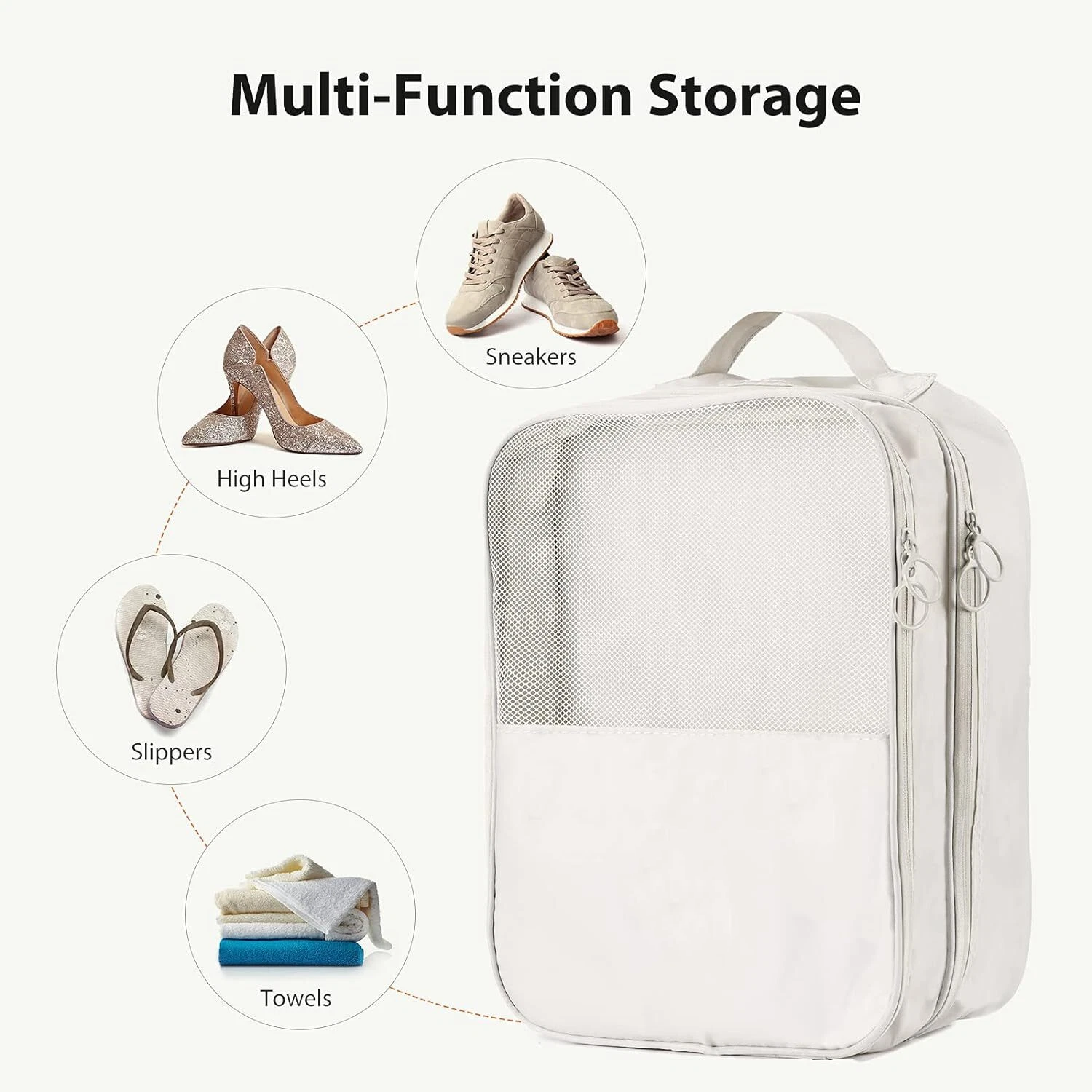 Travel Shoe Bag | Holds 3 Pairs of Shoes | Multifunctional Organizer | Beige