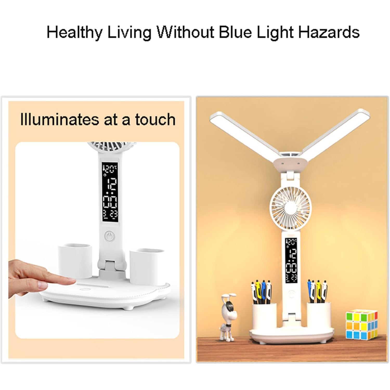 Study Desk Lamp with Fan, Clock, and Pen Holder – USB-Powered Reading Light for Bedside