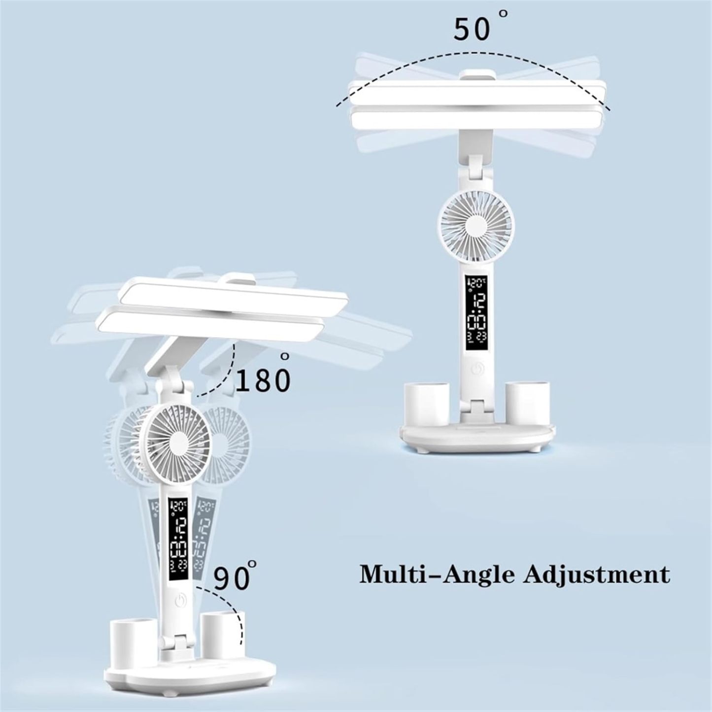 Study Desk Lamp with Fan, Clock, and Pen Holder – USB-Powered Reading Light for Bedside