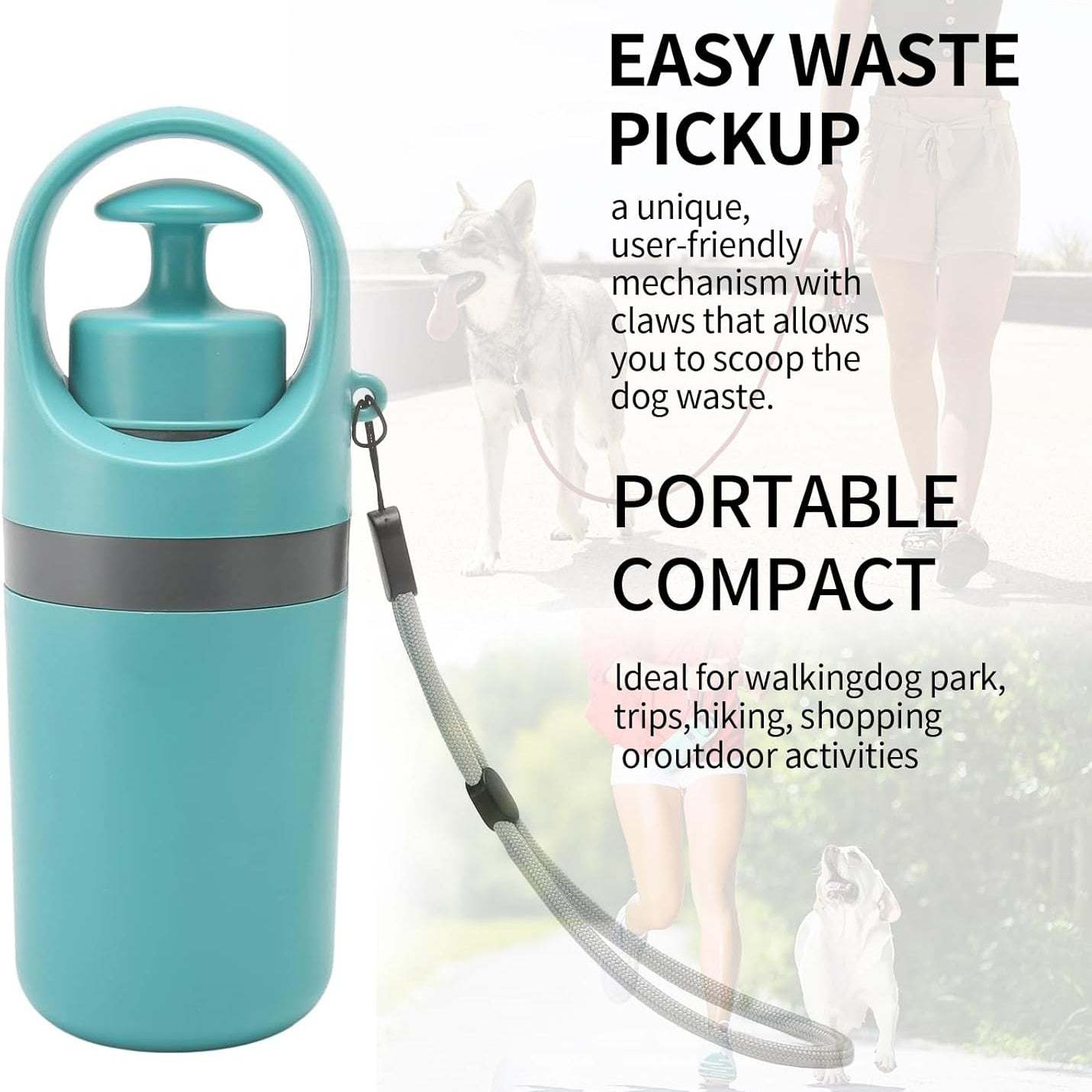 Dog Pooper Scooper – Portable No-Touch Waste Pick-Up with 15PCS Bags & Leak-Proof Storage Container