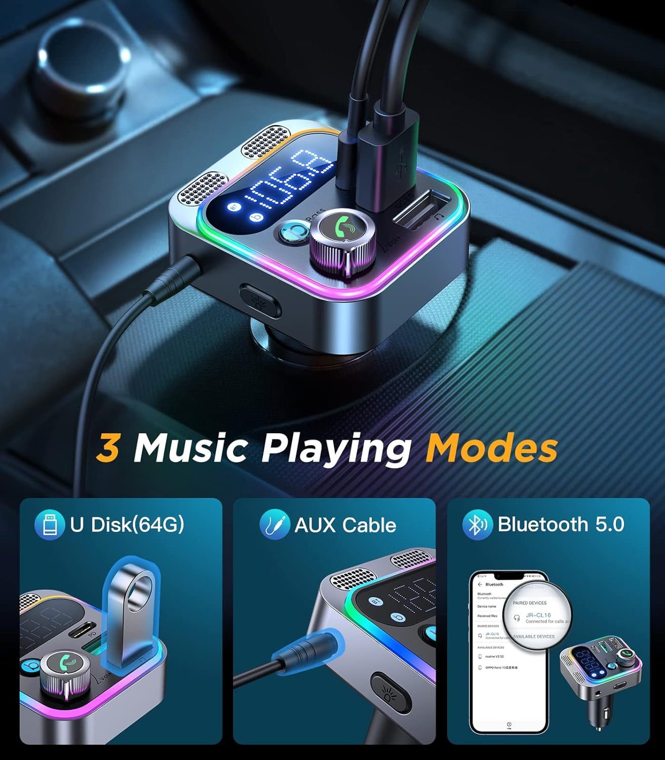 Car Quick Charge Adapter, 48W PD & QC3.0 Fast Charging, Bluetooth 5.0, FM Transmitter