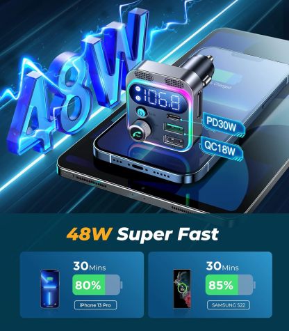Car Quick Charge Adapter, 48W PD & QC3.0 Fast Charging, Bluetooth 5.0, FM Transmitter