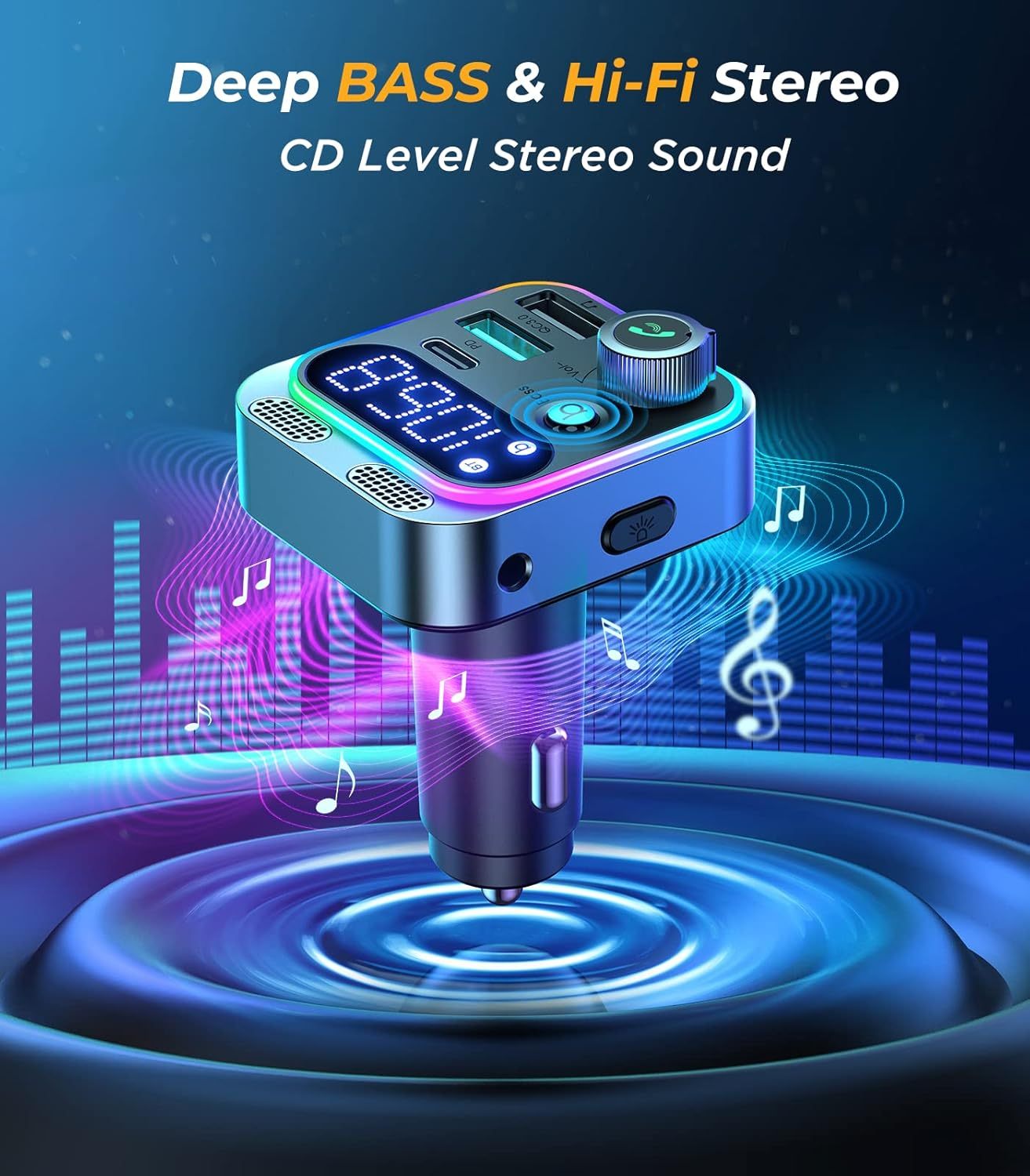 Car Quick Charge Adapter, 48W PD & QC3.0 Fast Charging, Bluetooth 5.0, FM Transmitter