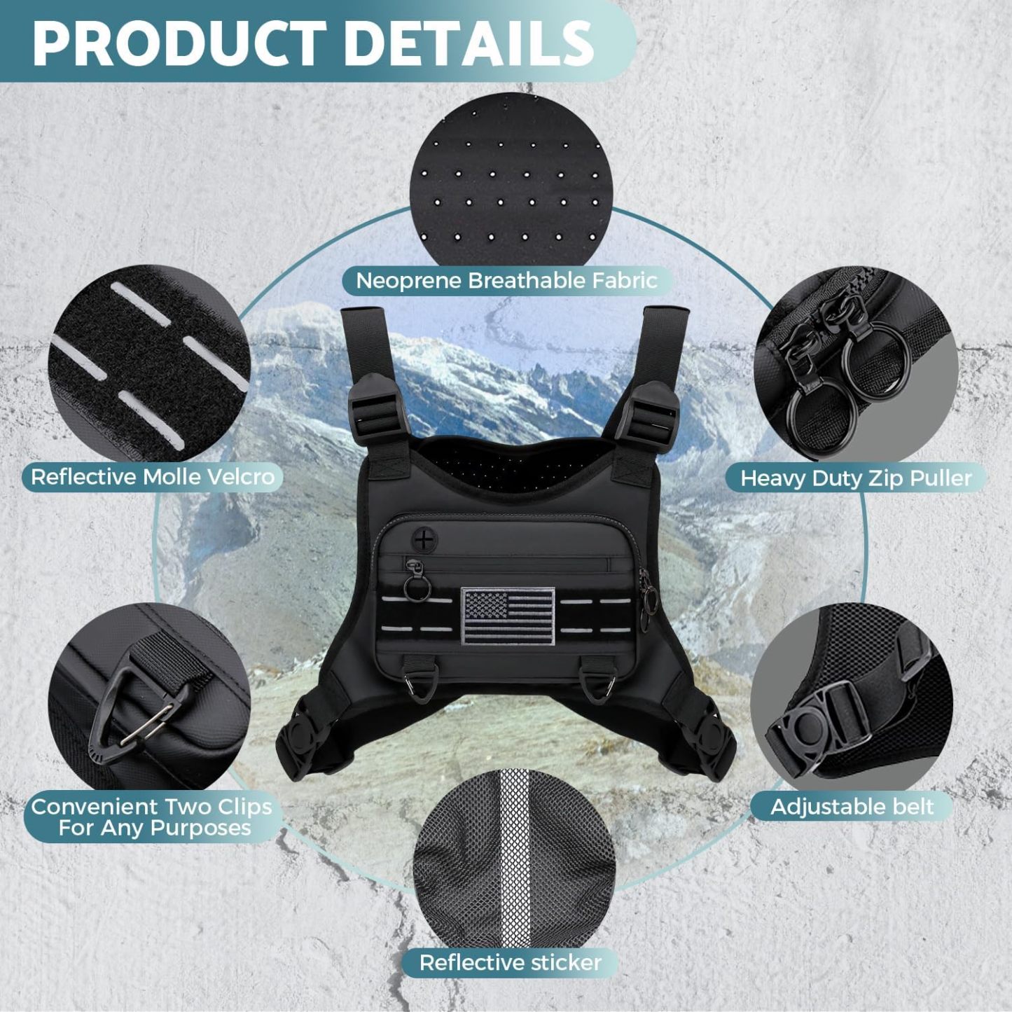 Men's Waterproof Sports Chest Bag with Adjustable Straps, Reflective Design, for Running