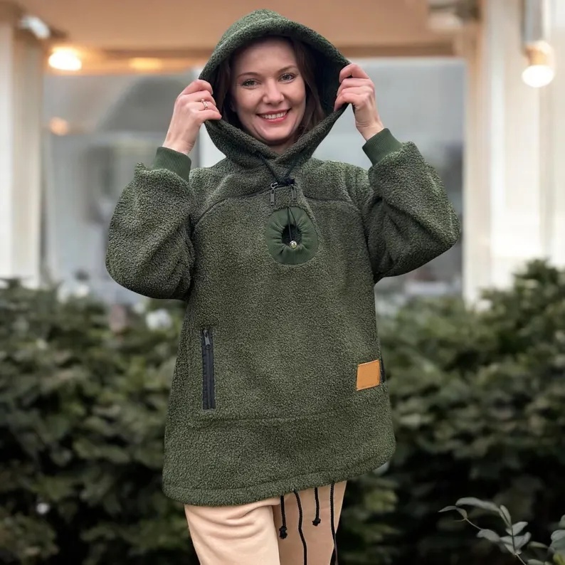 Khaki Hoodie with Pet Carrier Pocket – Cozy Style with Functional Design