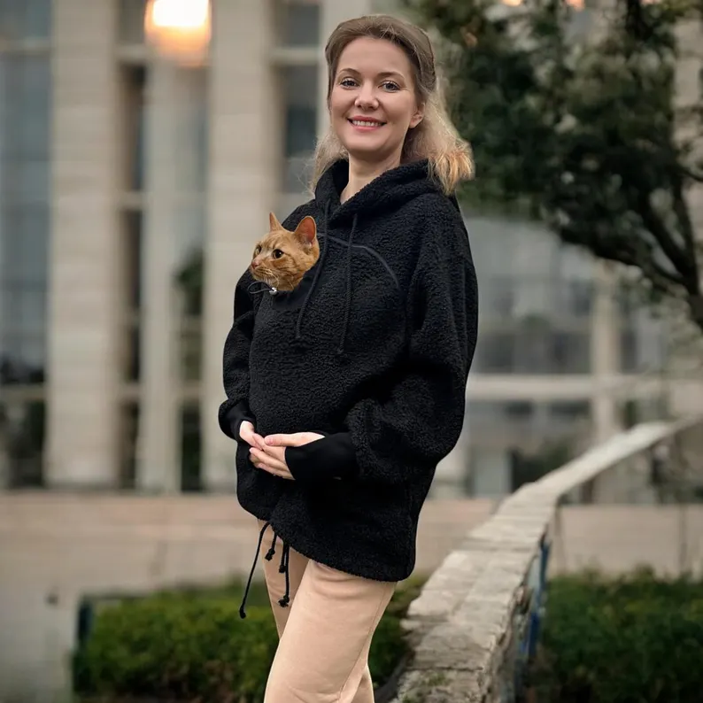 Khaki Hoodie with Pet Carrier Pocket – Cozy Style with Functional Desi