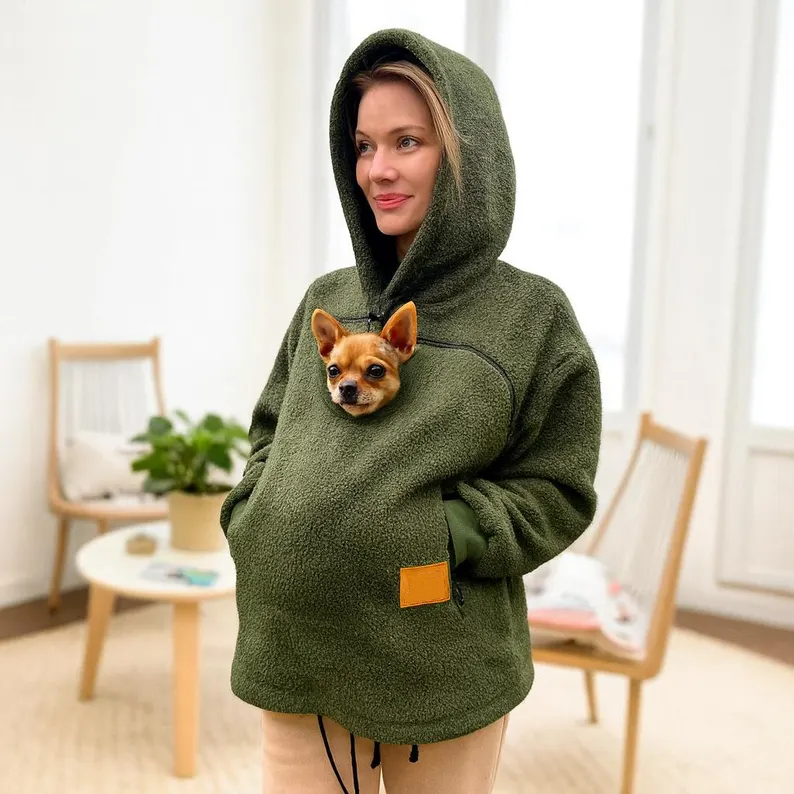 Khaki Hoodie with Pet Carrier Pocket – Cozy Style with Functional Desi